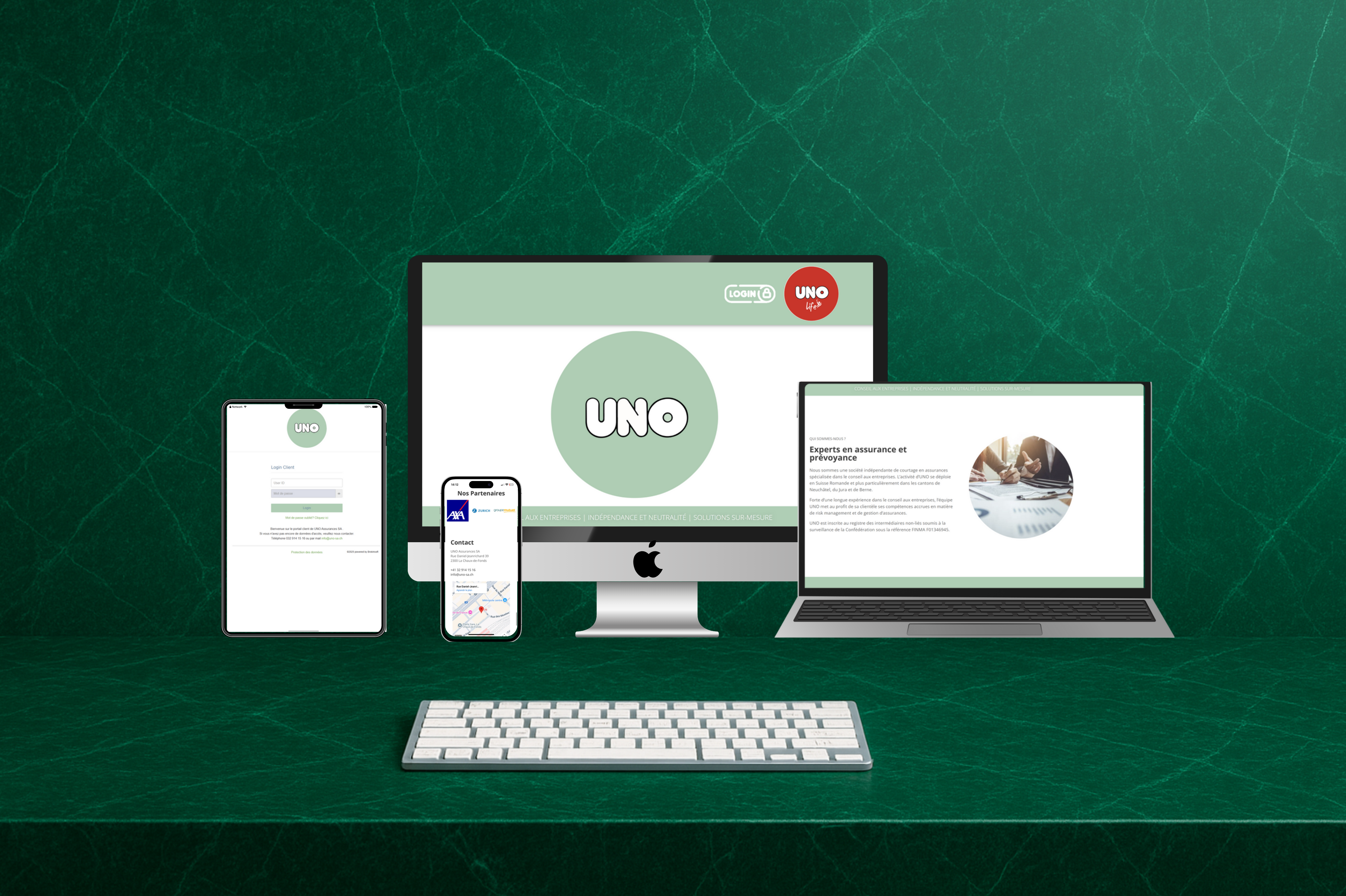 Site web professionnel pour UNO Assurances SA courtier à Neuchâtel par Prime Code